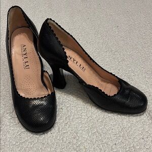 Anyi Lu Italian Black Leather Heels with Scalloped Design